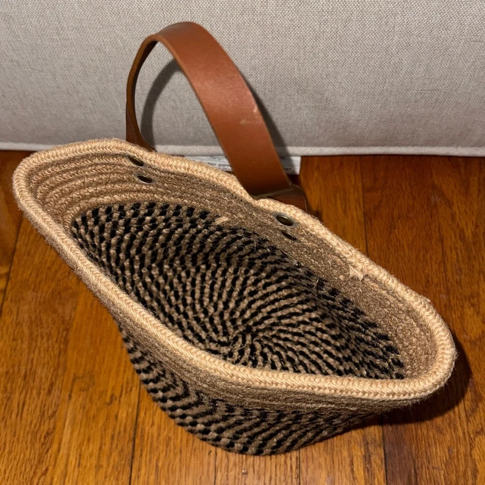 Woven Natural Fiber Coil Style Basket-Brown Faux Leather Hanging Loop-EUC